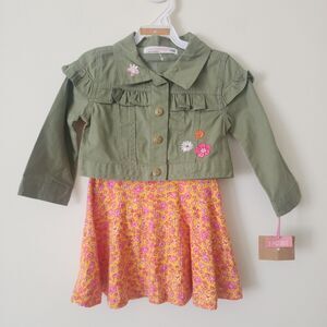 NWT Young Hearts Toddler Girls 3pcs Set Jacket Dress Panty Green Orange Pink 24M